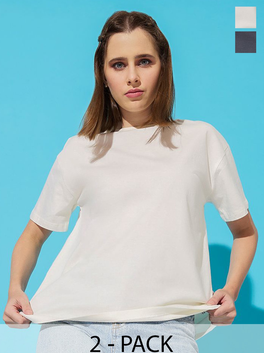 

The Roadster Lifestyle Co. Women Pack Of 2 Solid Round Neck Cotton Relaxed Fit T-shirts, Cream