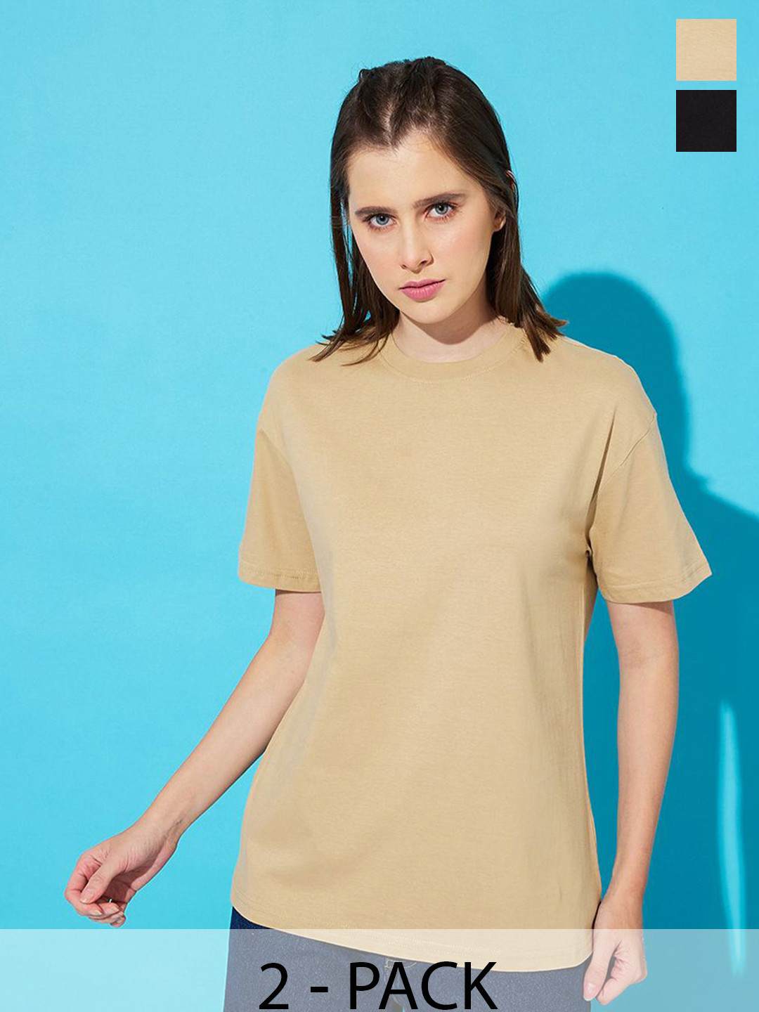 

The Roadster Lifestyle Co. Women Pack Of 2 Solid Round Neck Cotton Relaxed Fit T-shirts, Beige