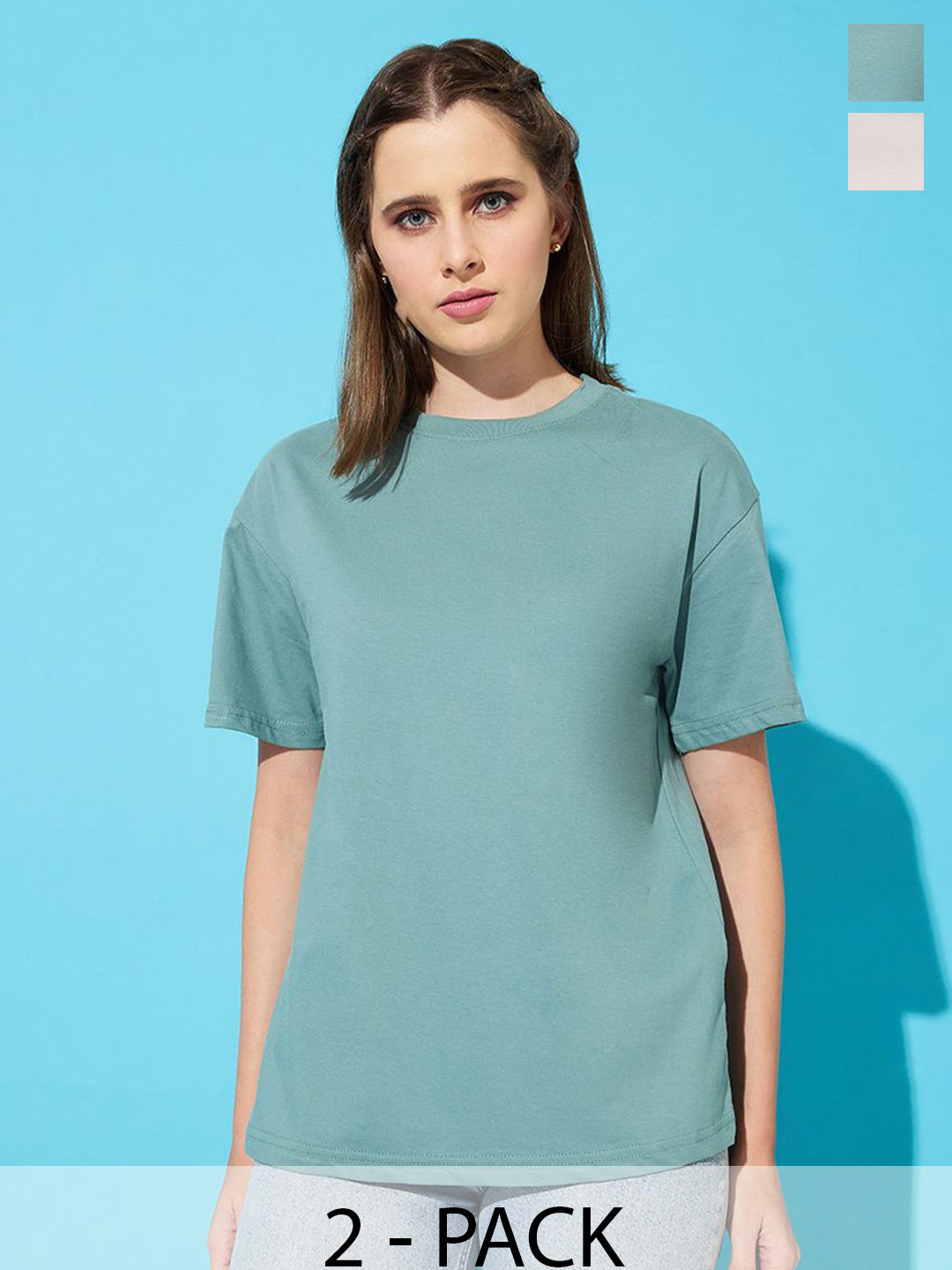 

The Roadster Lifestyle Co. Women Pack Of 2 Solid Round Neck Cotton Relaxed Fit T-shirts, Off white