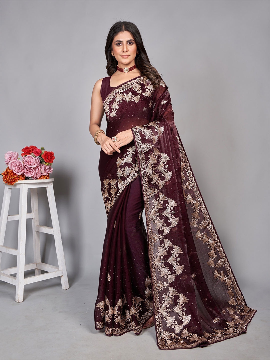 

BARKIYA CREATION Embellished Embroidered Net Heavy Work Saree, Brown