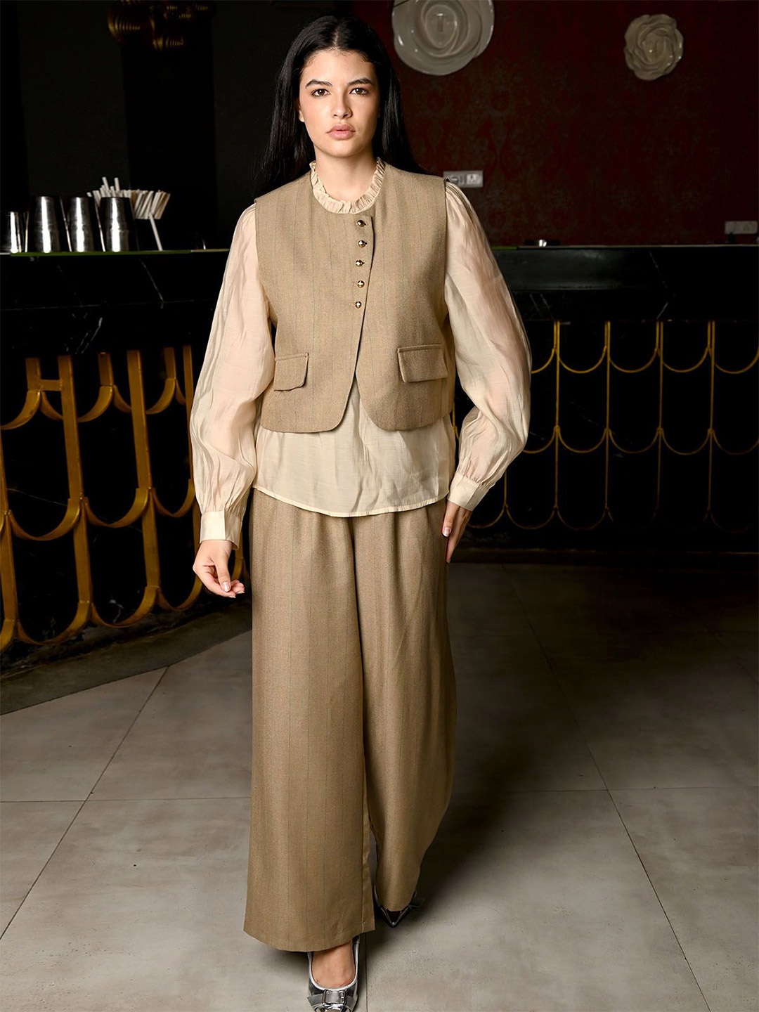 

ODETTE High Neck Top And Waistcoat With Trousers Co-Ords, Olive