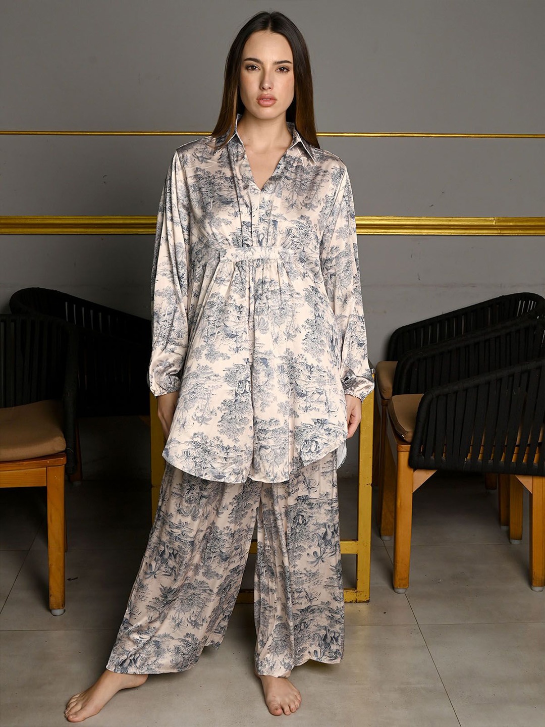 

ODETTE Printed Shirt Collar Tunic With Trousers Co-Ords Set, Black