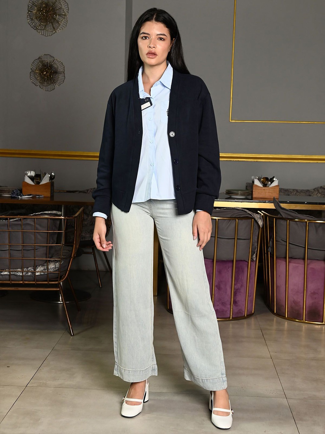 

ODETTE Women Solid Spread Collar Cotton Casual Shirt With Jersey Coat, Blue