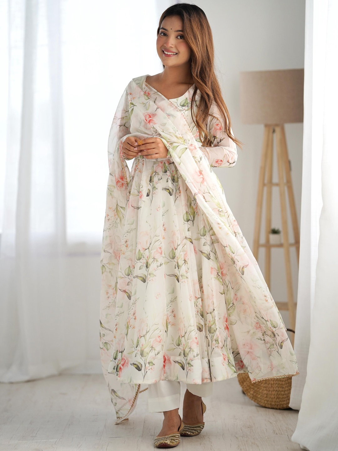 

Fusionic Floral Printed Anarkali Kurta with Trousers & Dupatta, White