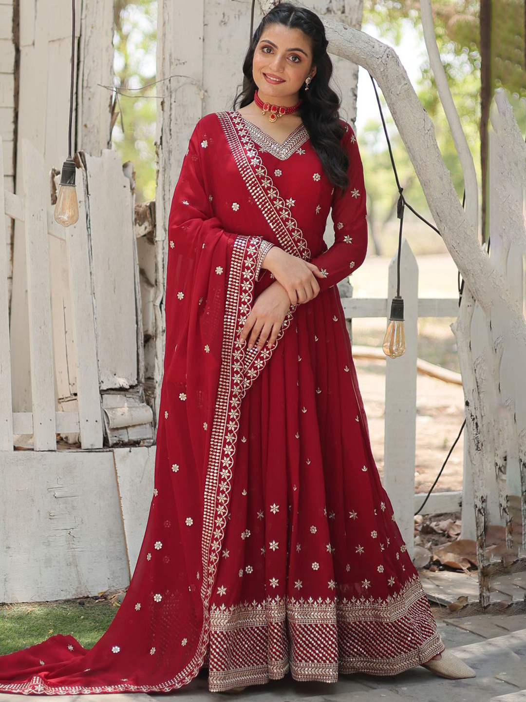 

YOYO Fashion Floral Embroidered V-Neck Sequinned Georgette Ethnic Dress & Dupatta, Maroon