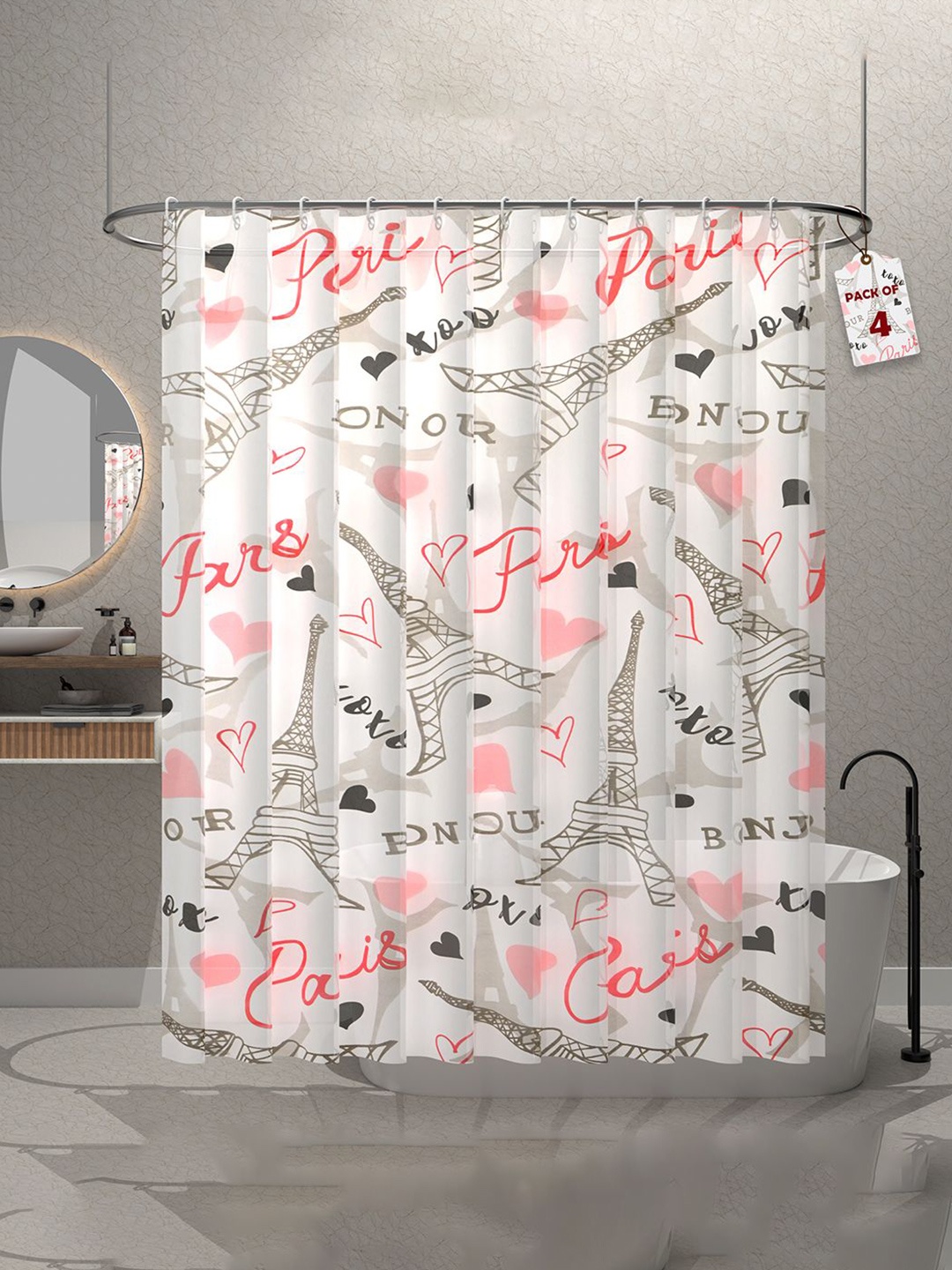 

Kuber Industries Pink & Grey 4 Pieces Printed Shower Curtains