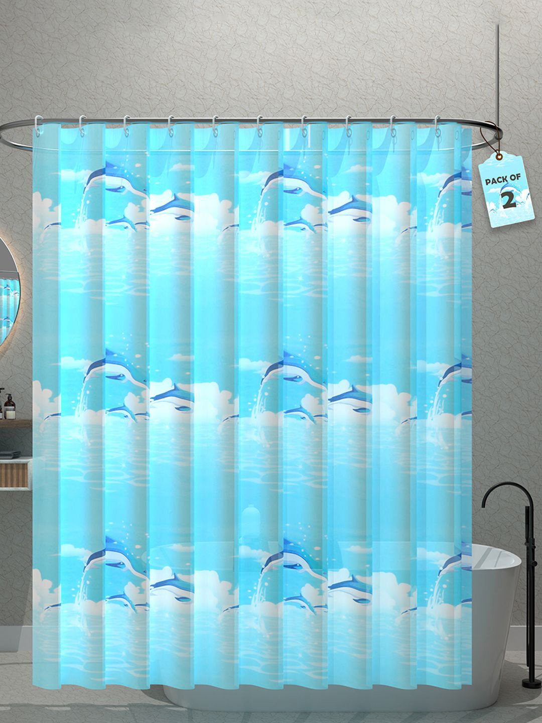 

Kuber Industries Blue & White 2 Pieces Printed Quick Dry Shower Curtains With 12 Rings