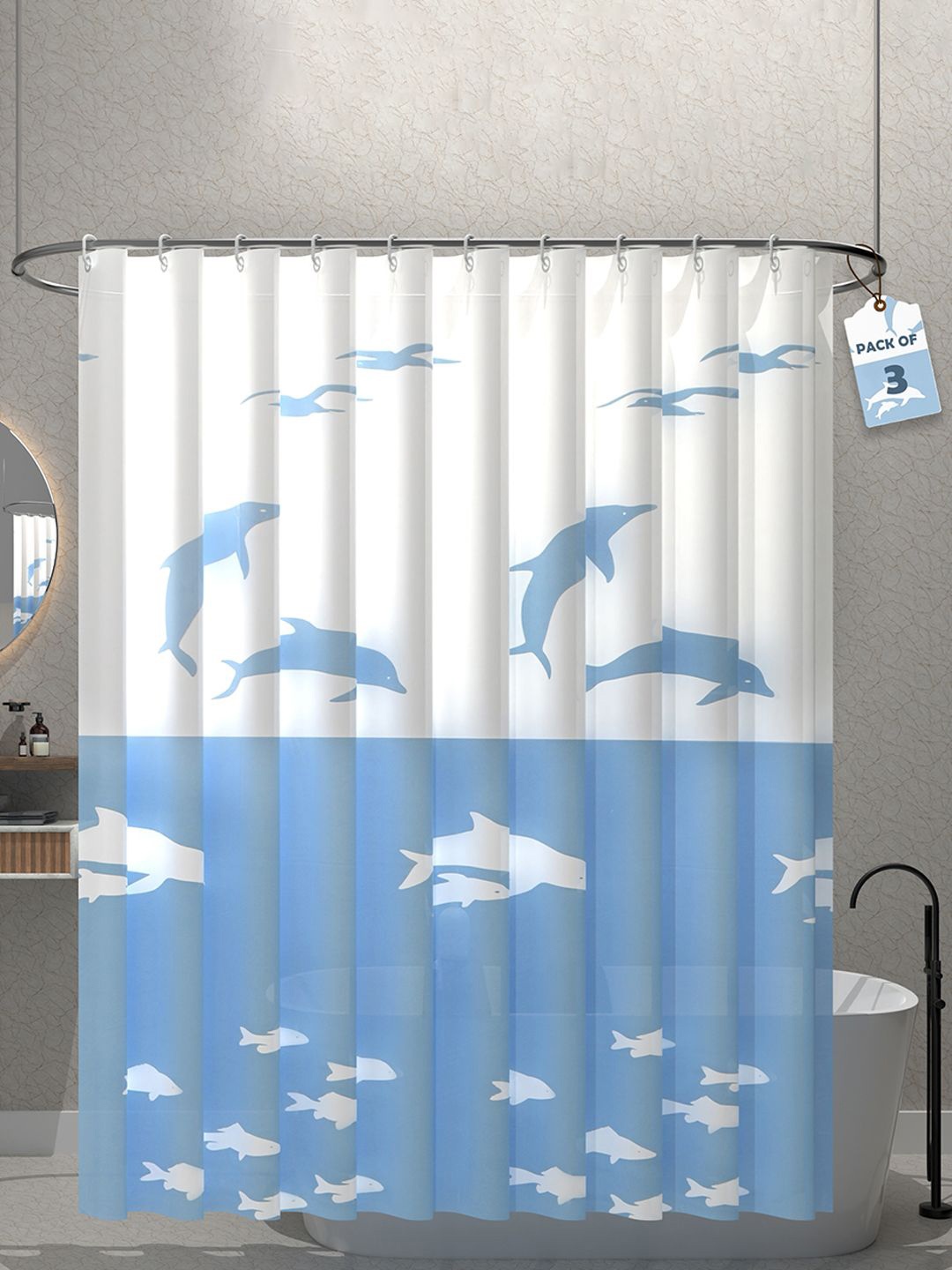 

Kuber Industries Blue & White 3-Pcs Shark Printed Quick Dry Shower Curtains With 12 Rings