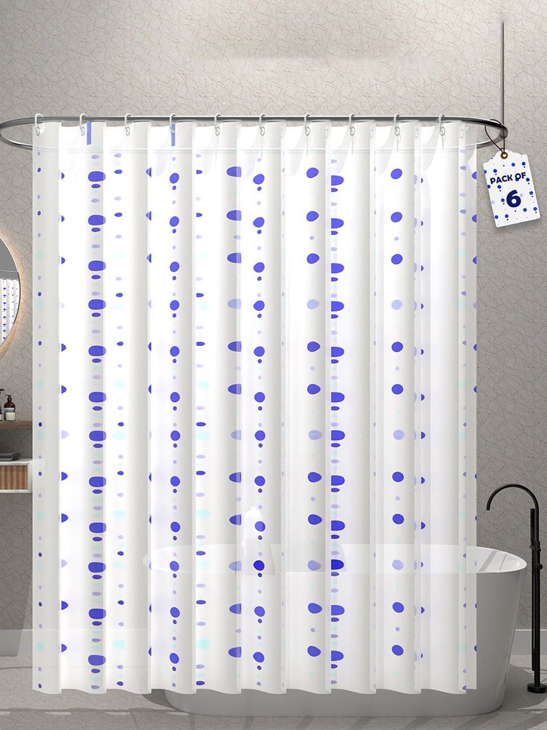 

Kuber Industries White & Blue 6 Pieces Printed Shower Curtains