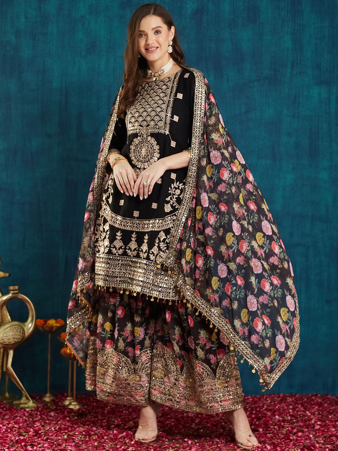 

KAVINDI Ethnic Motifs Embroidered Sequinned Pure Georgette Kurta With Sharara & Dupatta, Black