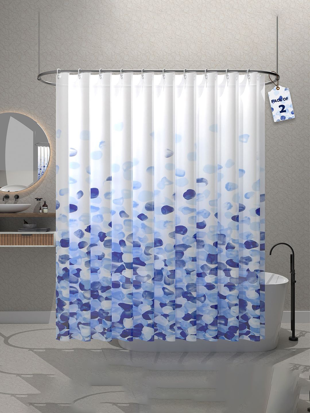 

Kuber Industries Blue & White 2-Pcs Dot Printed Quick Dry Shower Curtains With 12 Hooks