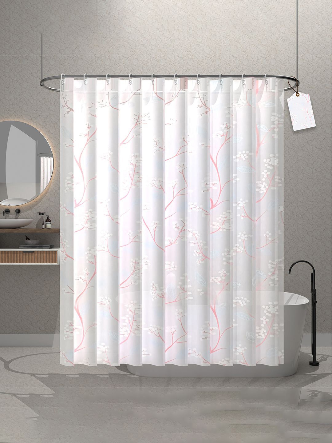

Kuber Industries White & Pink 2 Pieces Floral Printed Durable Shower Curtains