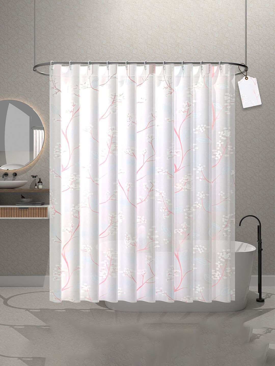 

Kuber Industries White & Pink 5 Pieces Printed Shower Curtains