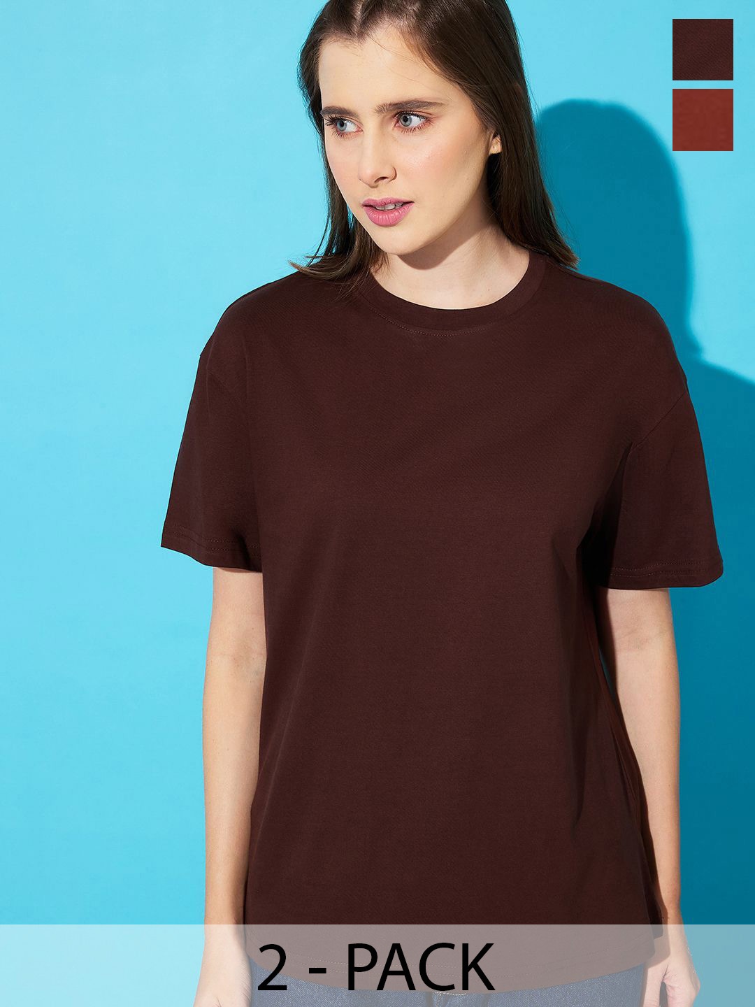 

The Roadster Lifestyle Co. Women Pack Of 2 Solid Round Neck Cotton Relaxed Fit T-shirts, Maroon
