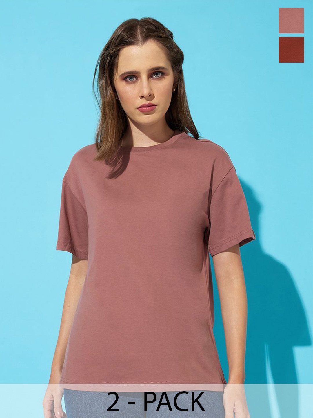 

The Roadster Lifestyle Co. Women Pack Of 2 Solid Round Neck Cotton Relaxed Fit T-shirts, Taupe