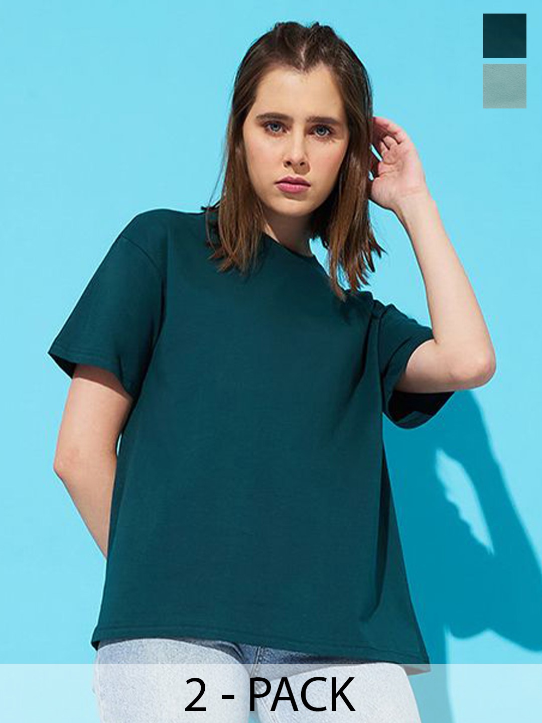 

The Roadster Lifestyle Co. Women Pack Of 2 Solid Round Neck Cotton Relaxed Fit T-shirts, Teal