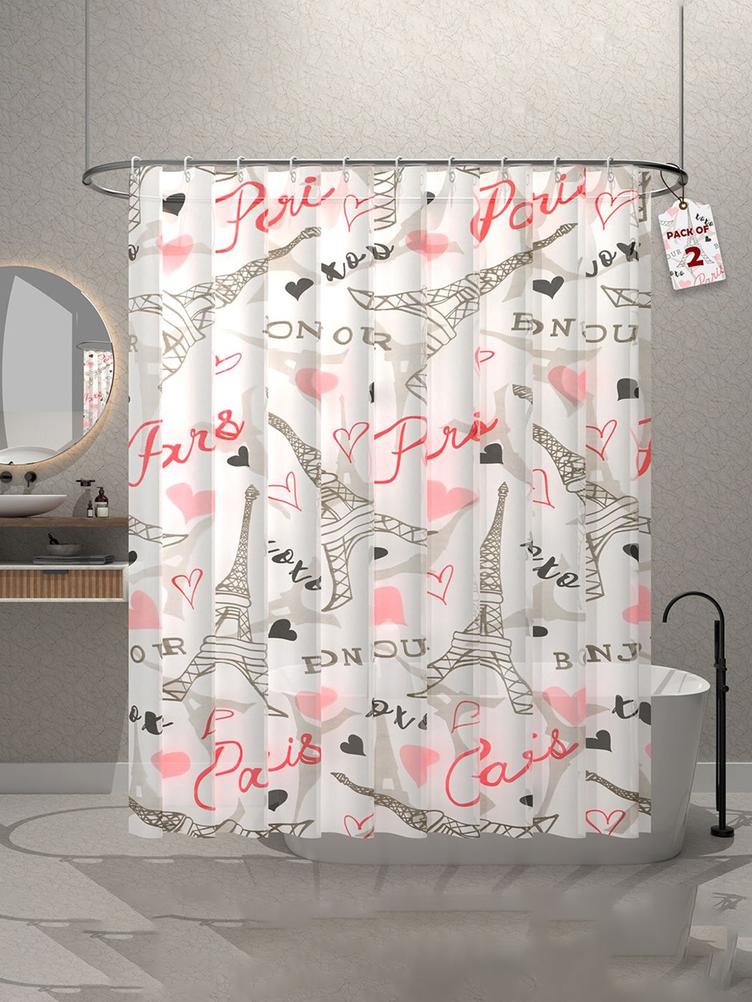 

Kuber Industries Pink & White 2 Pieces Durable Shower Curtains