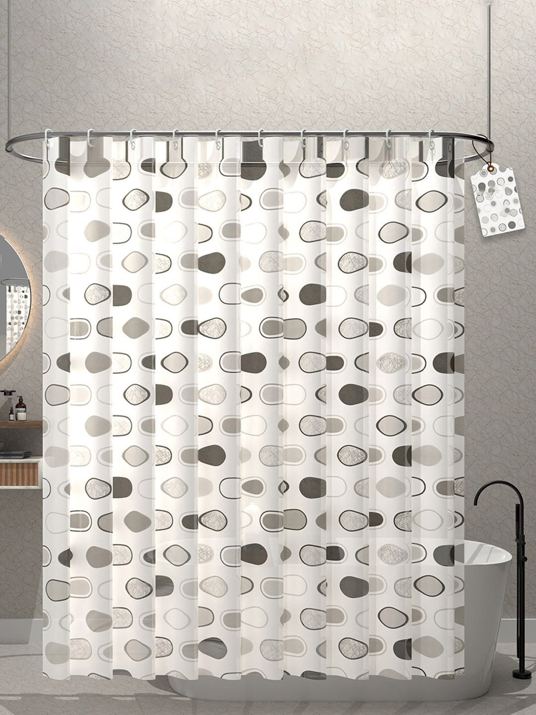 

Kuber Industries Grey & White 2-Pc Circle Printed Quick Dry Shower Curtains With 12 Rings