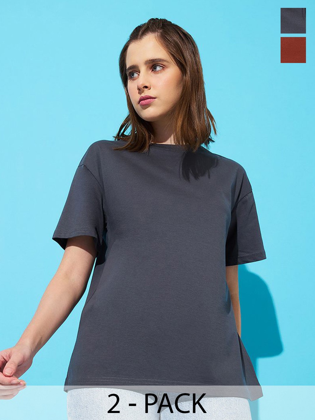 

The Roadster Lifestyle Co. Women Pack Of 2 Solid Round Neck Cotton Relaxed Fit T-shirts, Brown