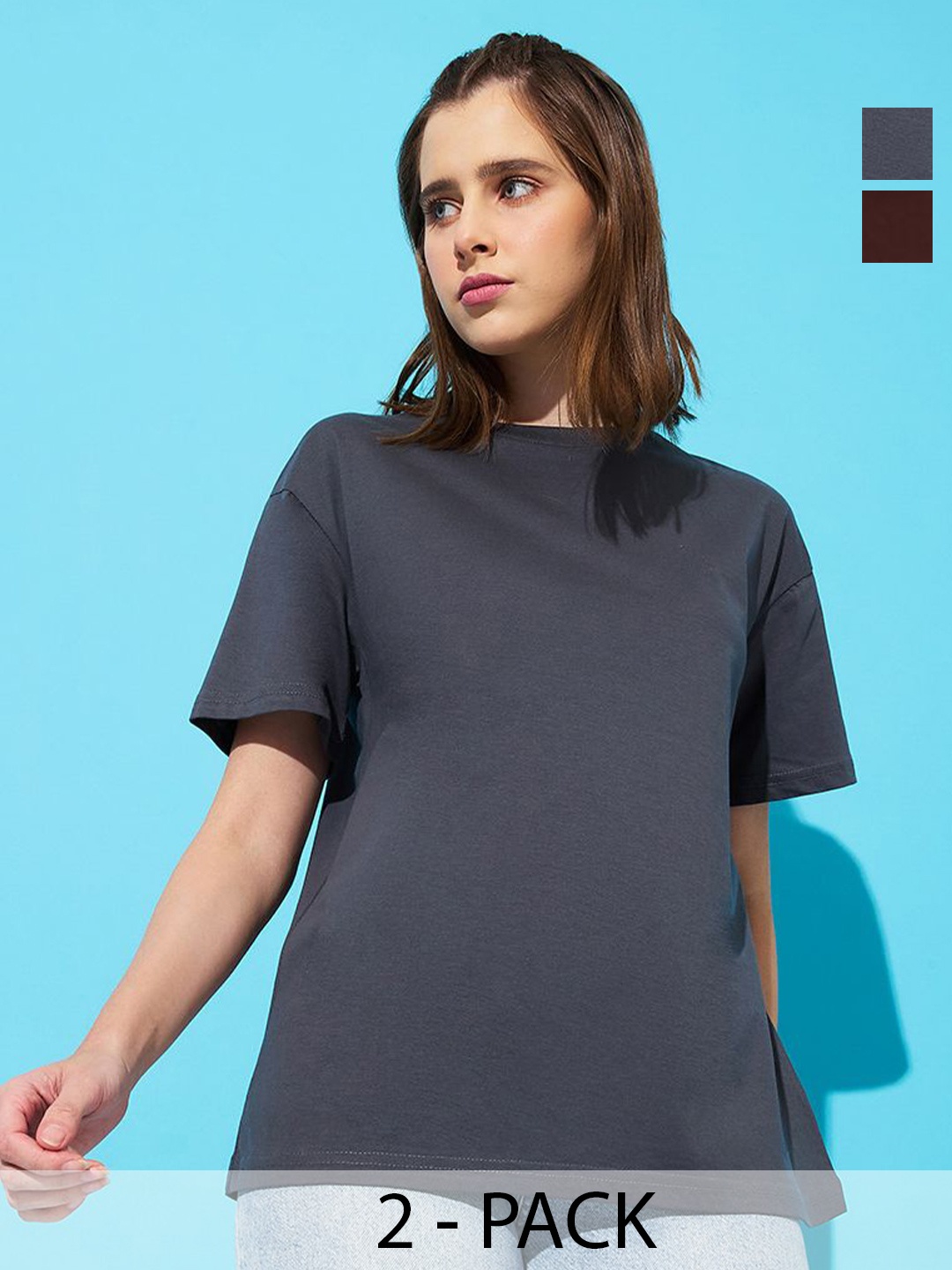 

The Roadster Lifestyle Co. Women Pack Of 2 Solid Round Neck Cotton Relaxed Fit T-shirts, Grey