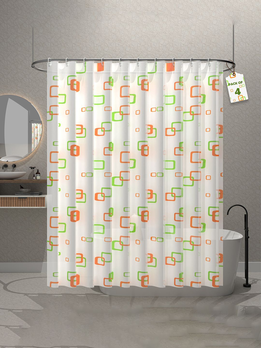 

Kuber Industries White & Green 4 Pcs Block Printed Quick Dry Shower Curtains With 12 Rings