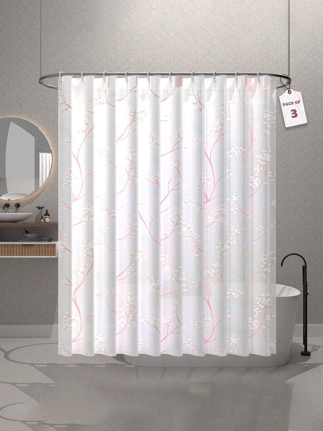 

Kuber Industries White & Pink 3 Pieces Printed Shower Curtains