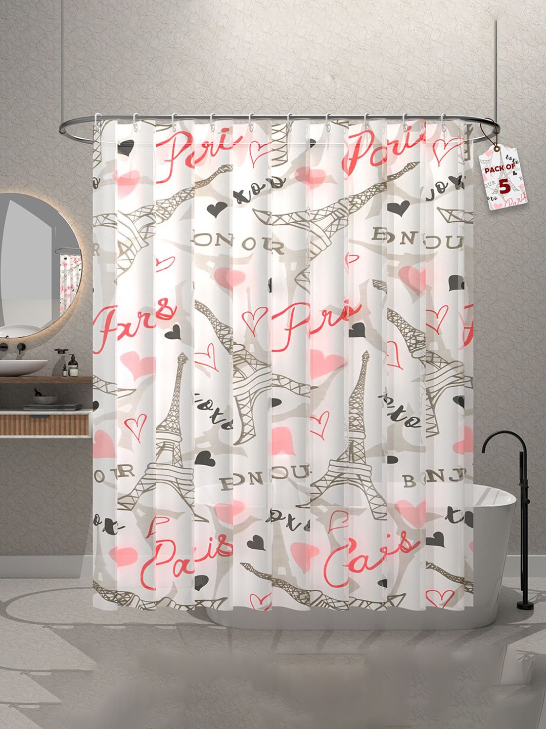 

Kuber Industries Pink & White 5 Pieces Printed Shower Curtains