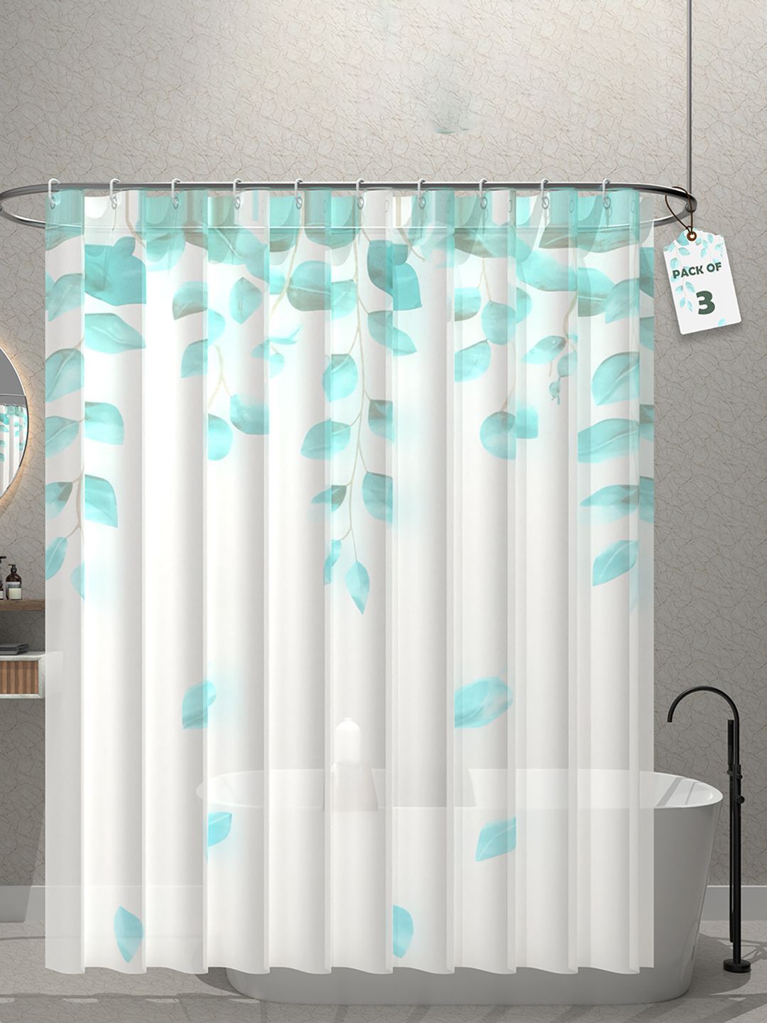 

Kuber Industries White & Green 3 Pieces Printed Shower Curtains