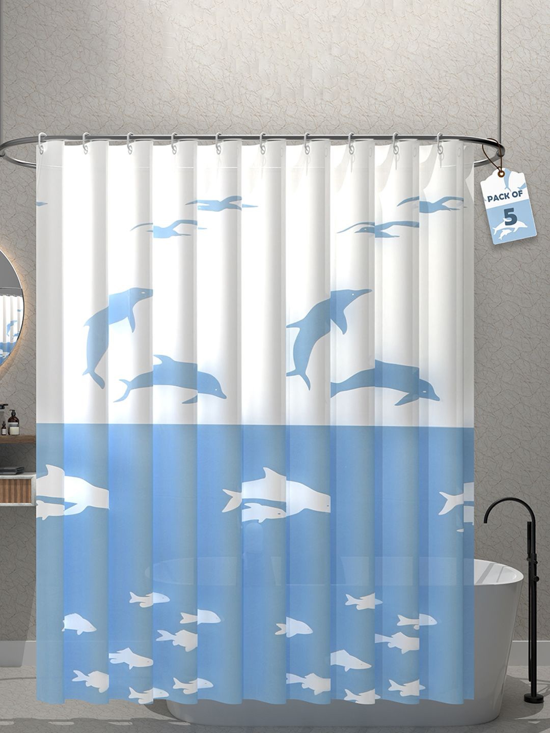 

Kuber Industries White & Blue 5 Pieces Durable Shower Curtains