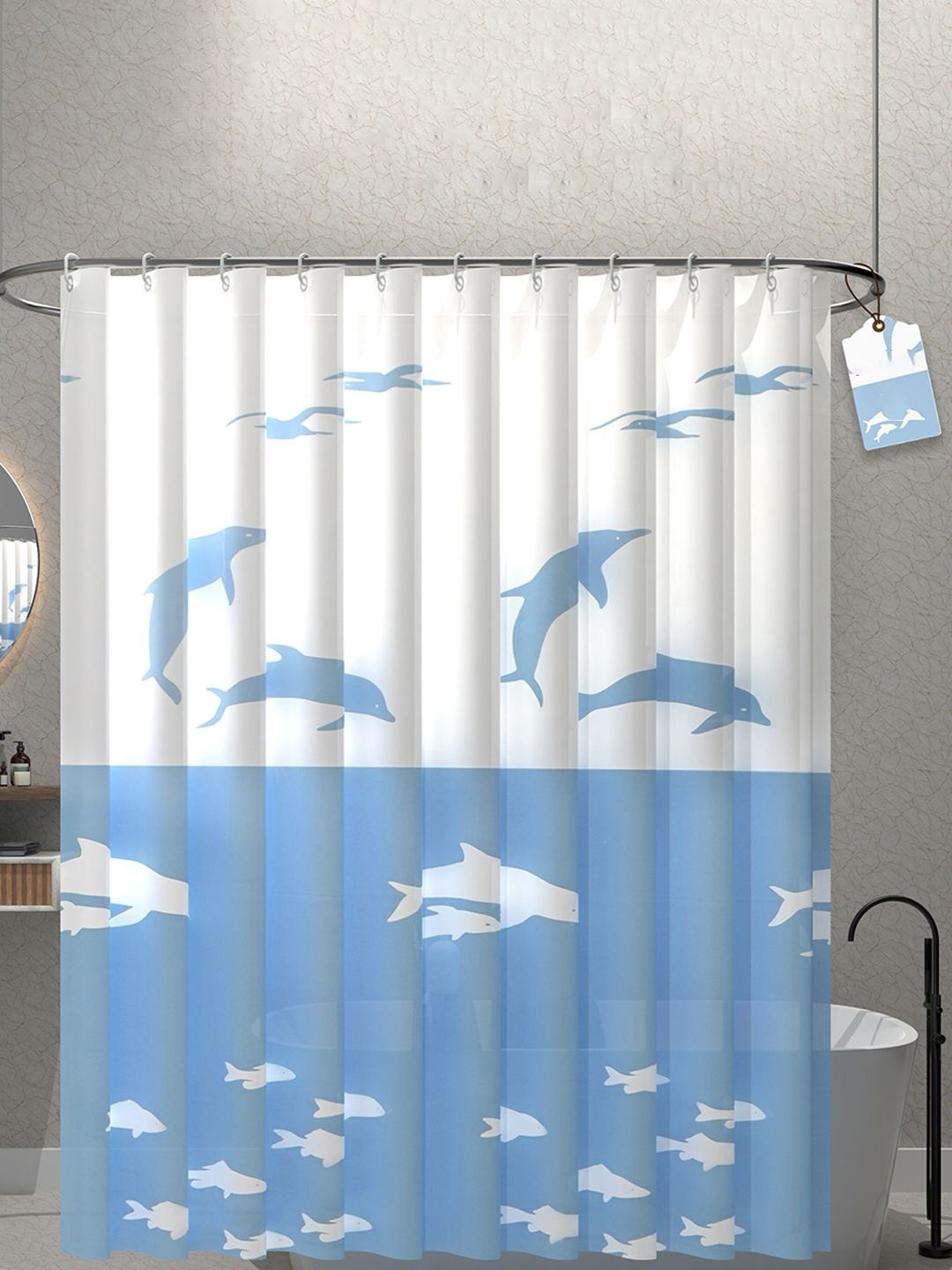 

Kuber Industries White & Blue 2 Pieces Durable Shower Curtains