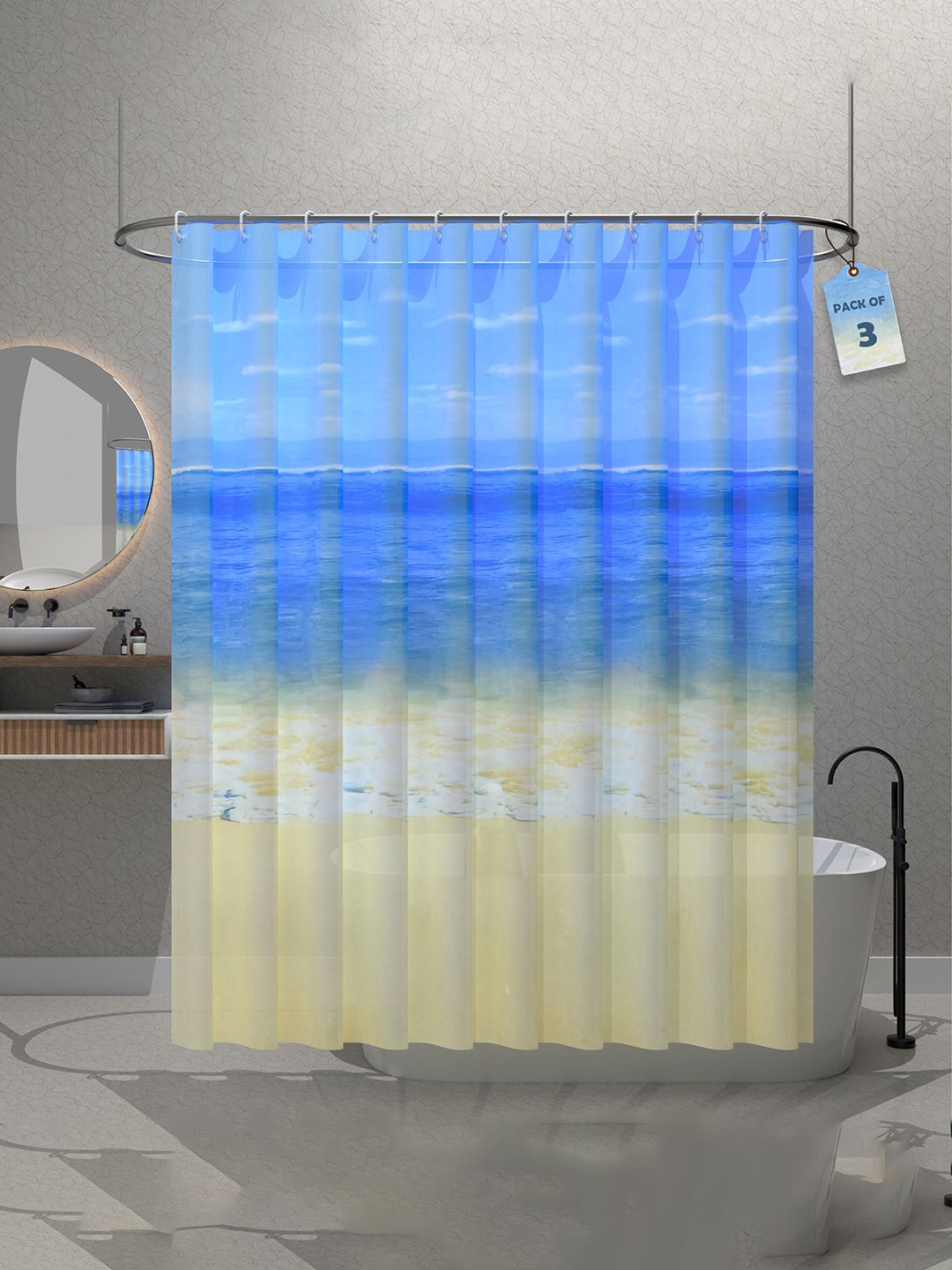 

Kuber Industries Blue & Beige 3 Pieces Printed Shower Curtains