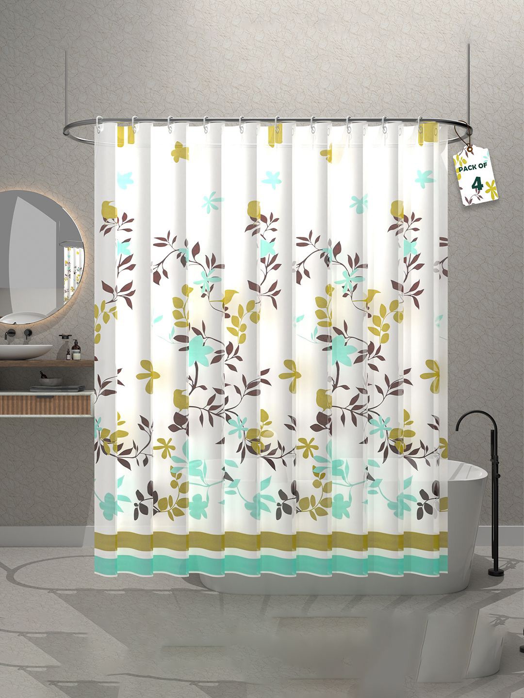 

Kuber Industries Green & Brown 4 Pieces Floral Printed Shower Curtains