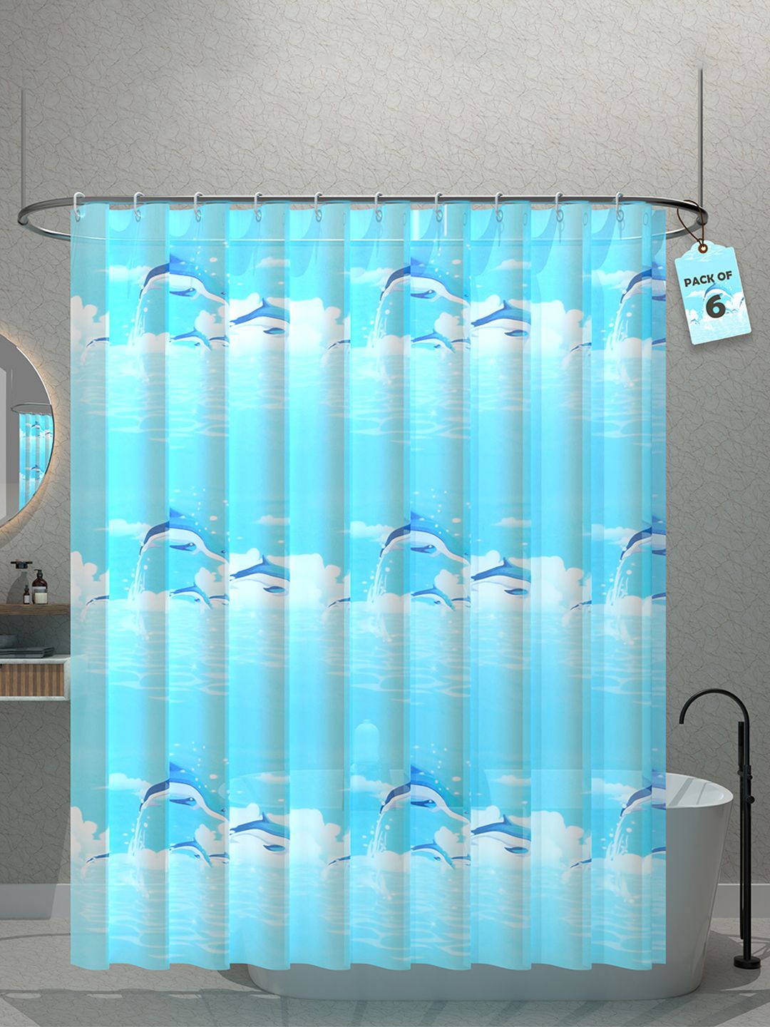 

Kuber Industries Blue & White 6 Pieces Printed Shower Curtains With 12 Rings