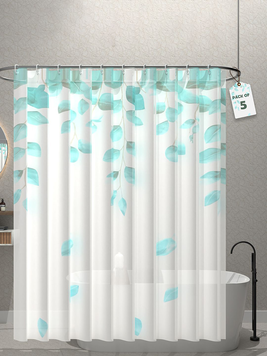 

Kuber Industries Green & White 5 Pieces Printed Shower Curtains With 12 Rings