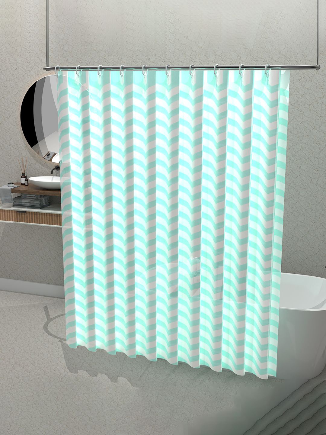 

Kuber Industries White & Blue 3 Pieces Printed Shower Curtains With 12 Rings