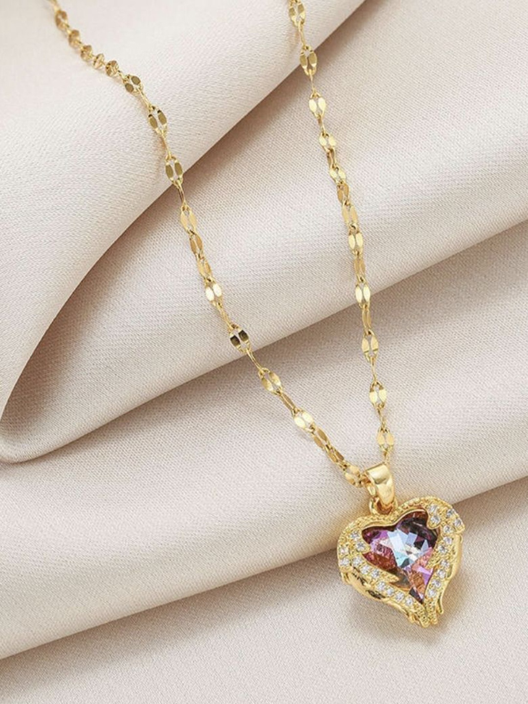 

V FASHION JEWELLERY Gold-Plated Stainless Steel CZ Studded Heart Shaped Pendant With Chain