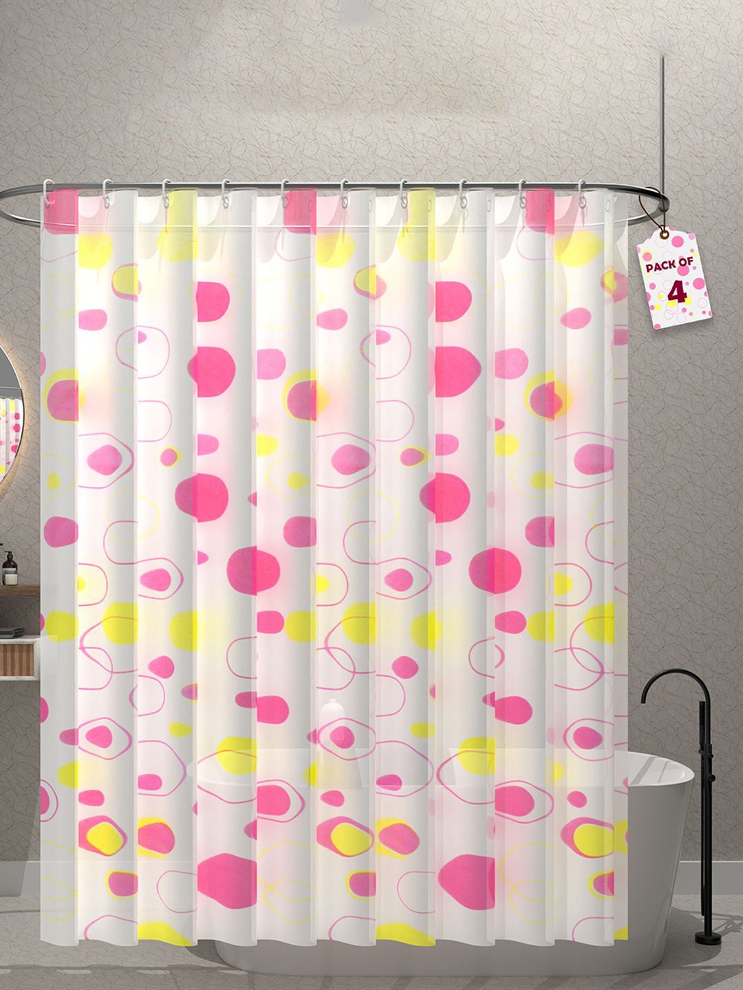 

Kuber Industries Pink & Yellow 4 Pieces Printed Shower Curtains With 12 Rings