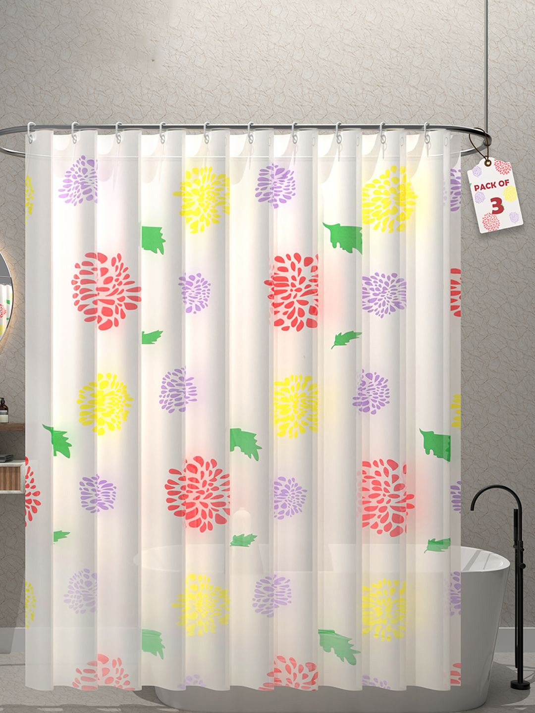 

Kuber Industries Pink & Yellow 3 Pieces Printed Shower Curtains