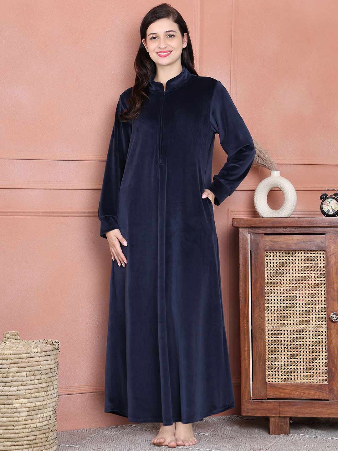 

Secret Wish Women Solid Velvet Winter Nightdress, Navy blue
