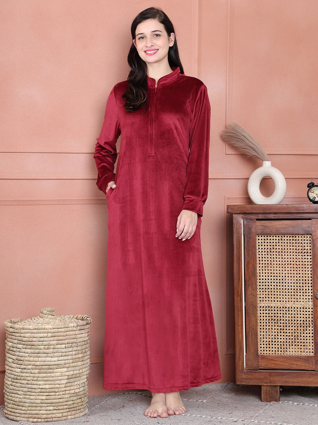 

Secret Wish Women Solid Velvet Winter Nightdress, Maroon
