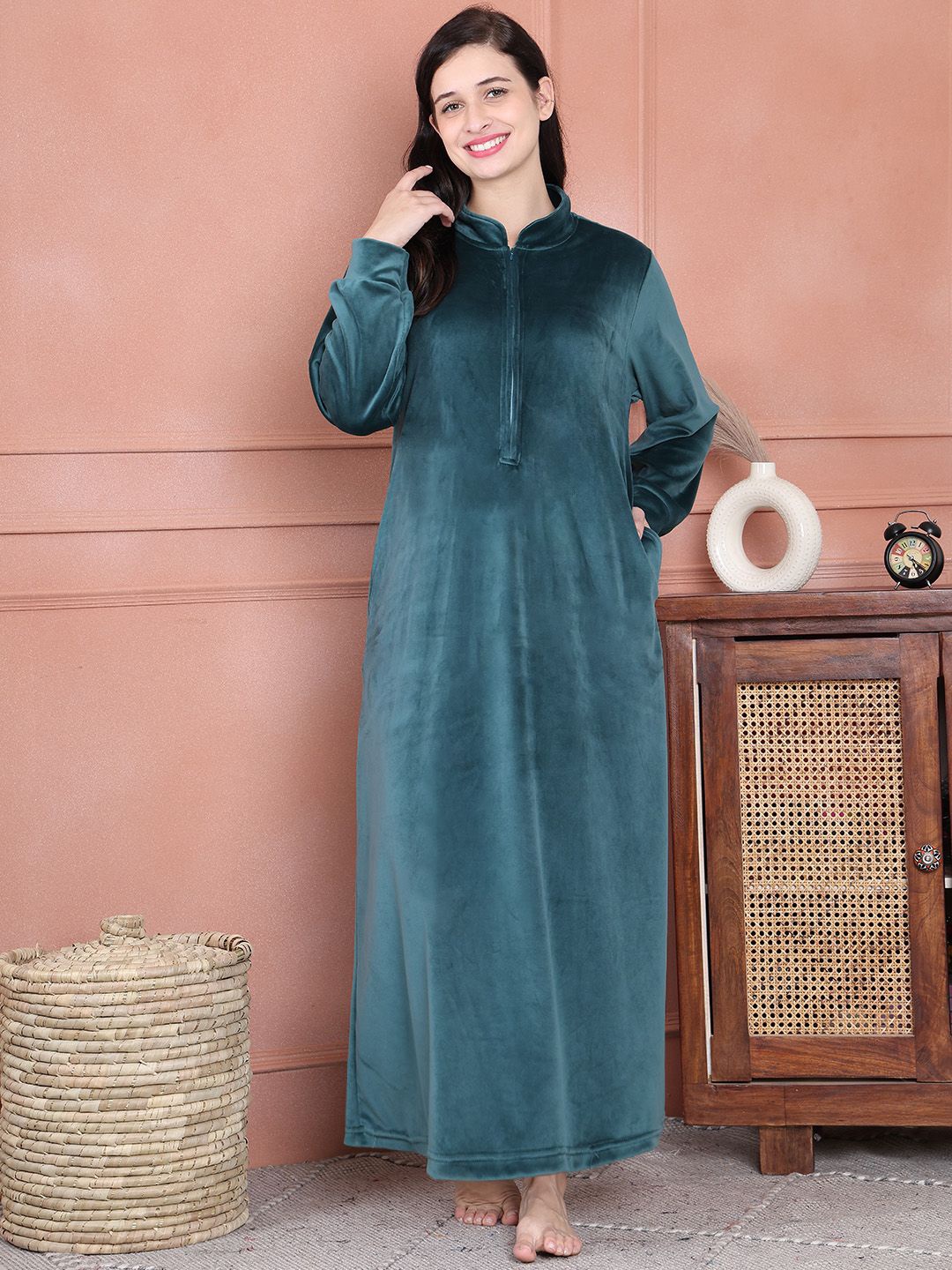 

Secret Wish Solid Velvet Winter Nightdress, Teal