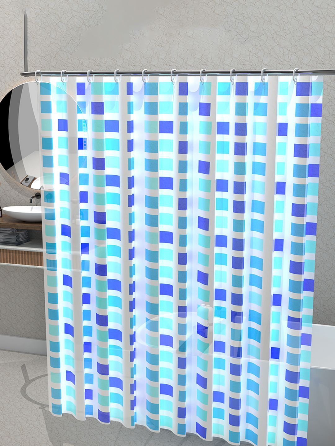 

Kuber Industries Blue & White 5-Pcs Block Printed Quick Dry Shower Curtains With 12 Rings