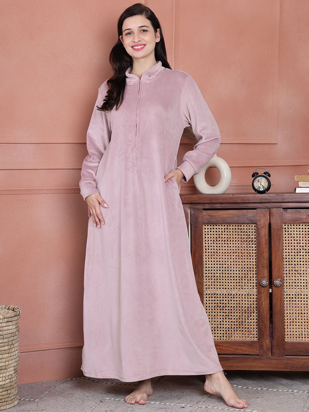 

Secret Wish Solid Velvet Winter Nightdress, Pink