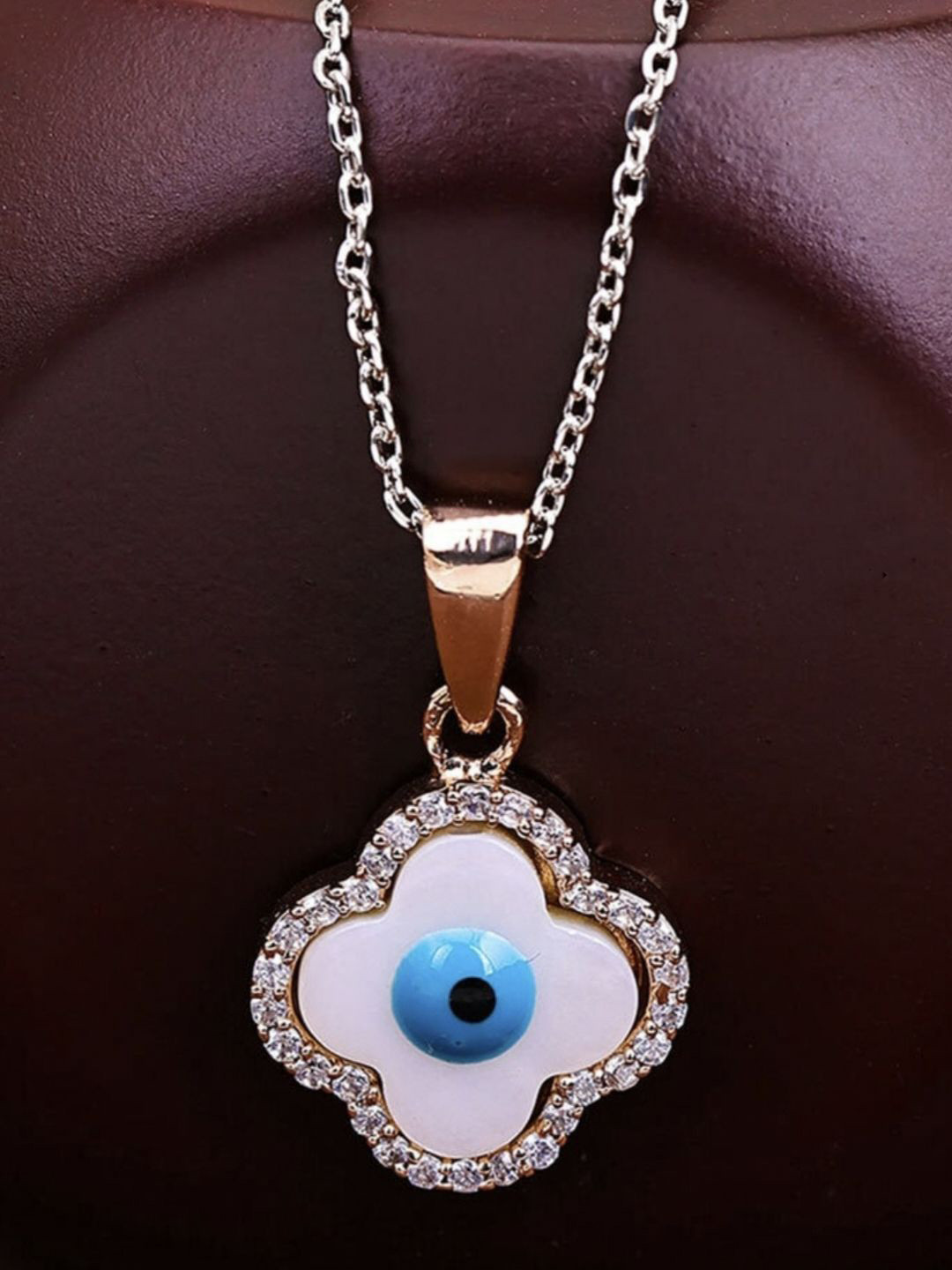 

V FASHION JEWELLERY Stainless Steel CZ Stone Studded Evil Eye Pendant With Chain, Silver