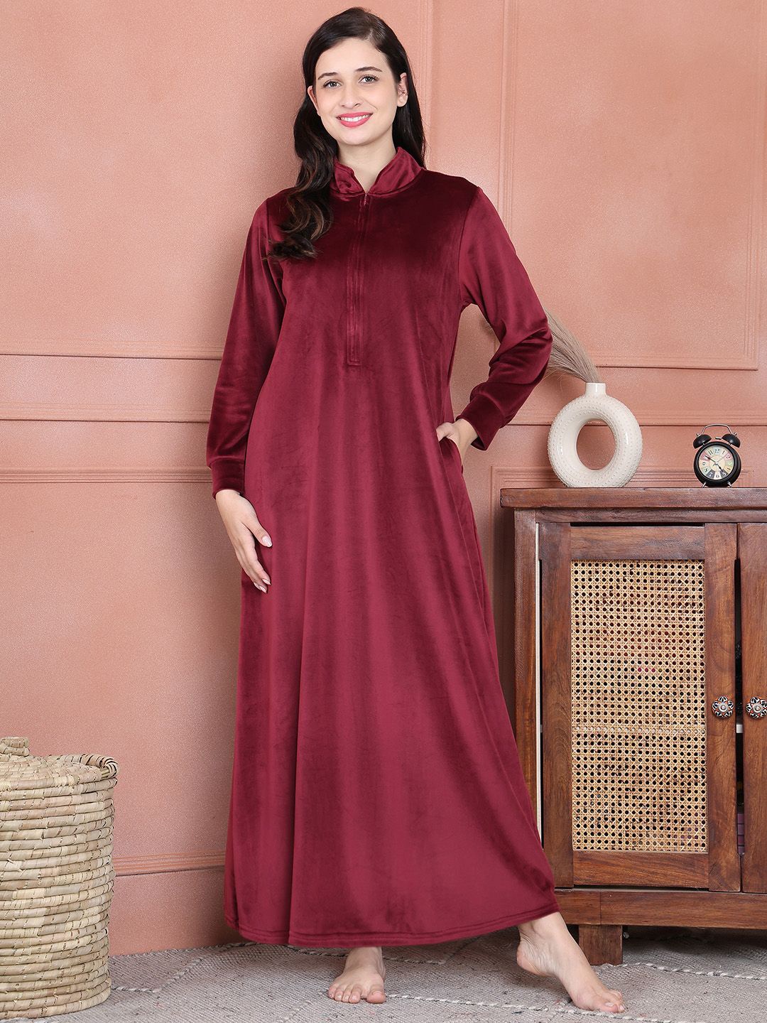 

Secret Wish Women Velvet Winter Nightdress, Maroon