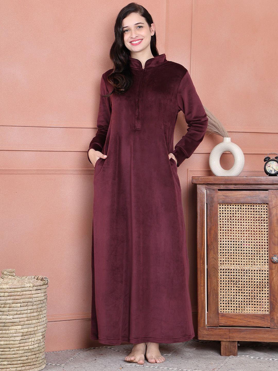 

Secret Wish Women Mandarin Collar Maxi Nightdress, Burgundy