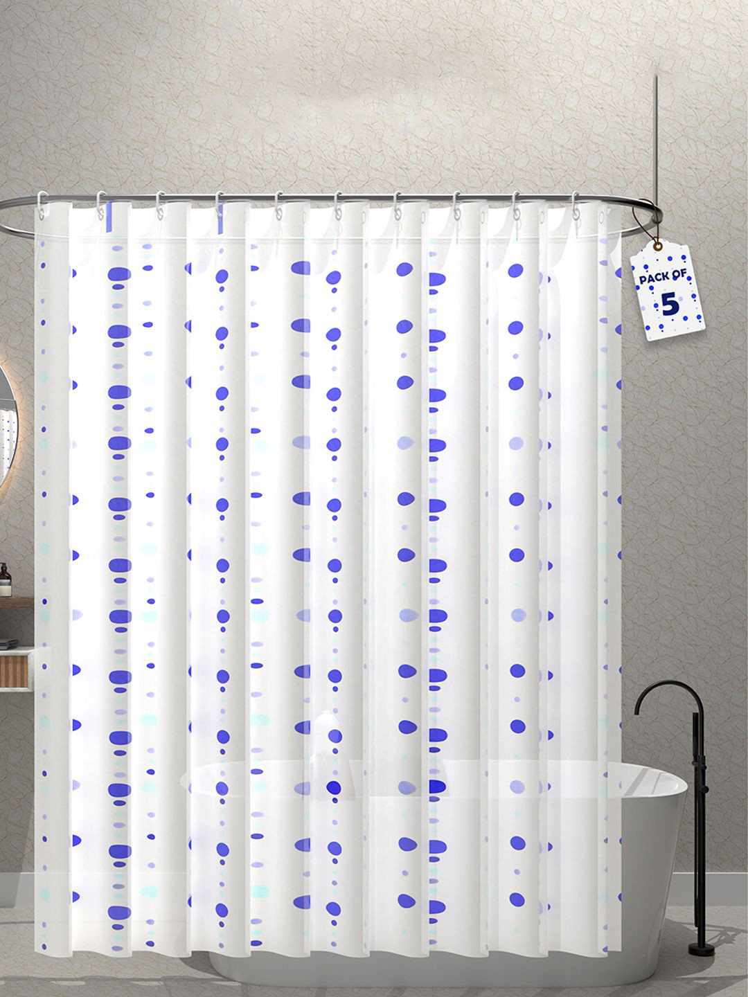 

Kuber Industries White & Blue 5 Pieces Printed Shower Curtains With 12 Rings