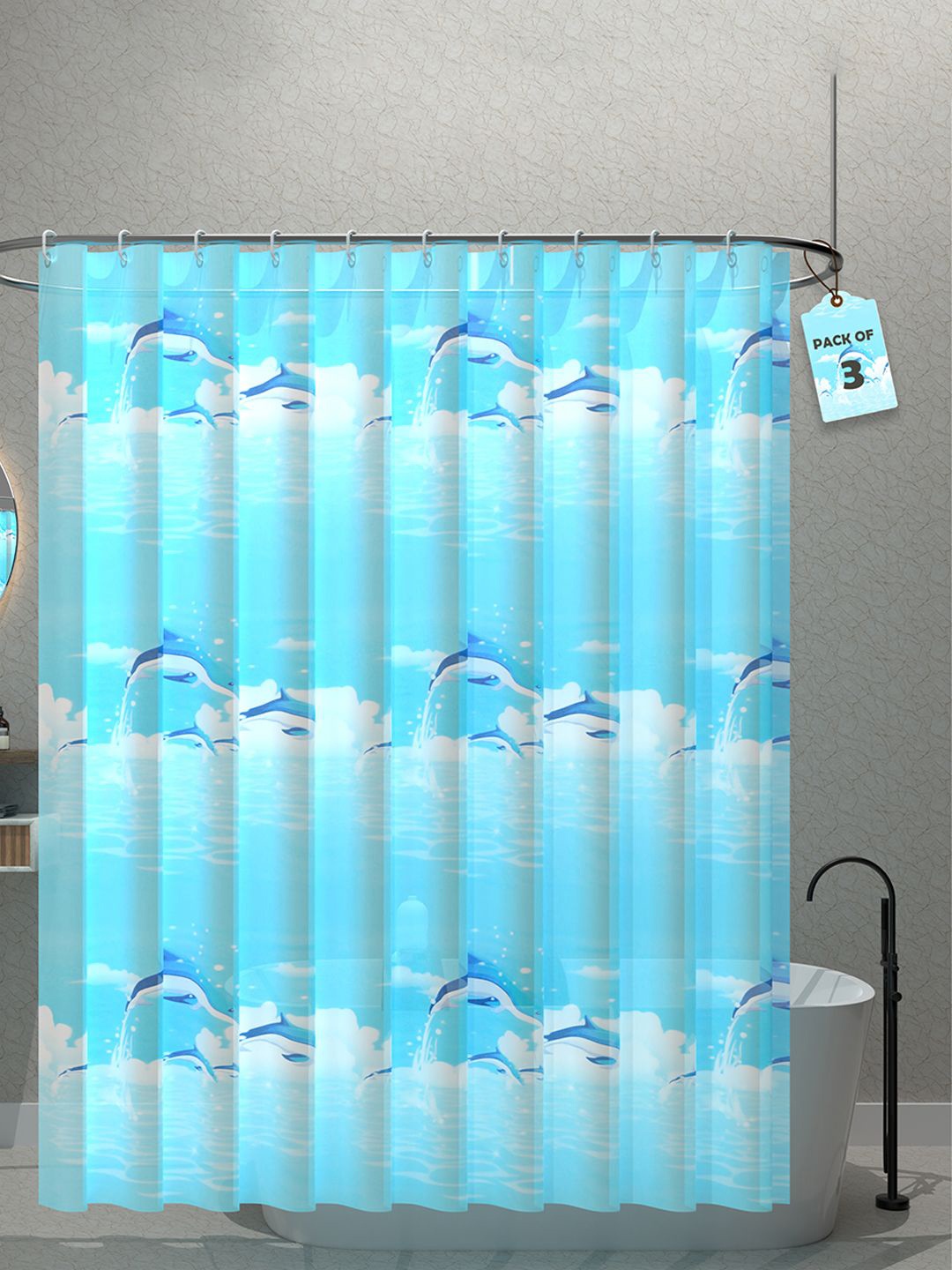 

Kuber Industries Blue & White 3-Pcs Shark Printed Quick Dry Shower Curtains With 12 Rings