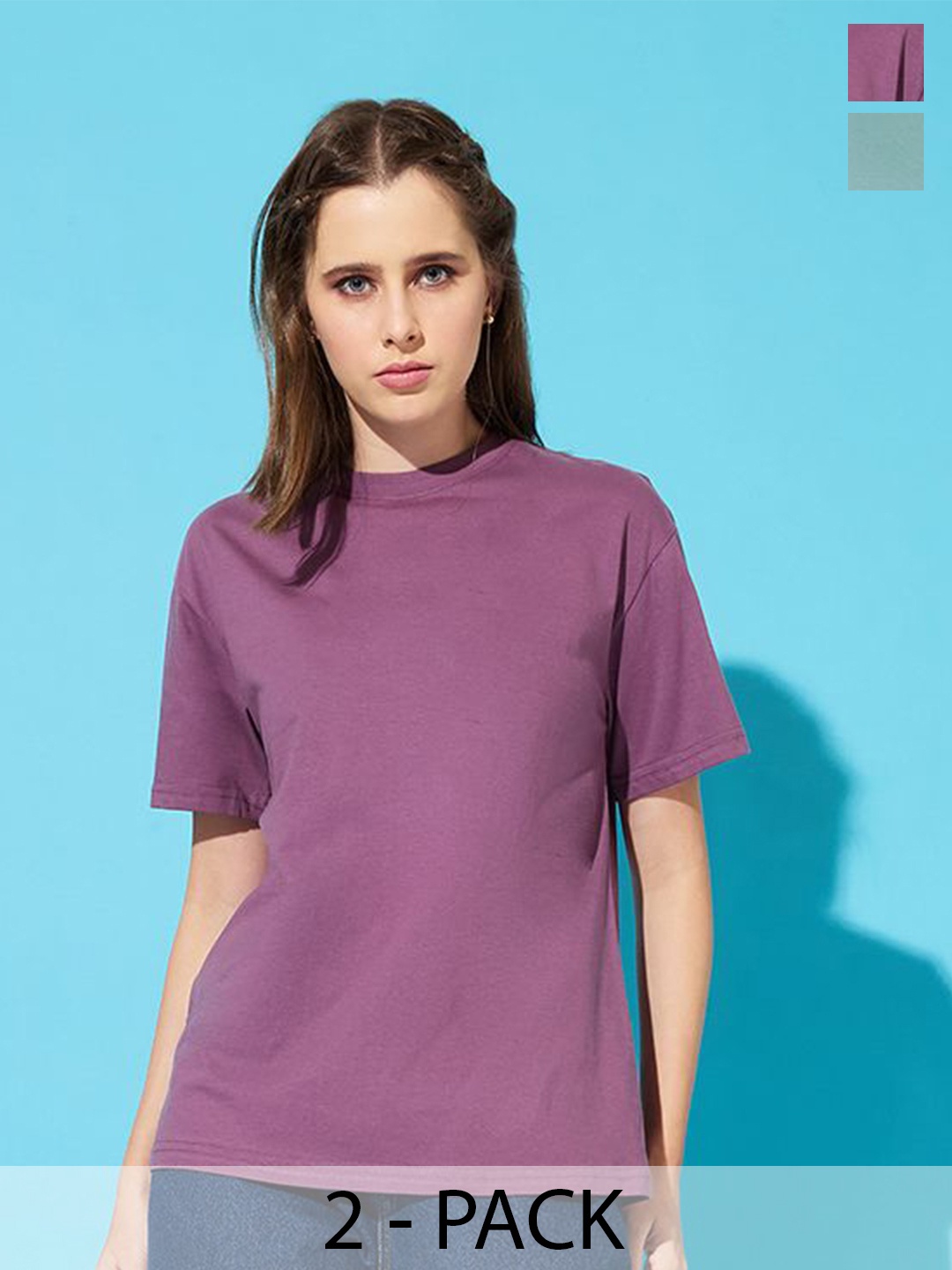 

The Roadster Lifestyle Co. Women Pack Of 2 Solid Round Neck Cotton Relaxed Fit T-shirts, Purple