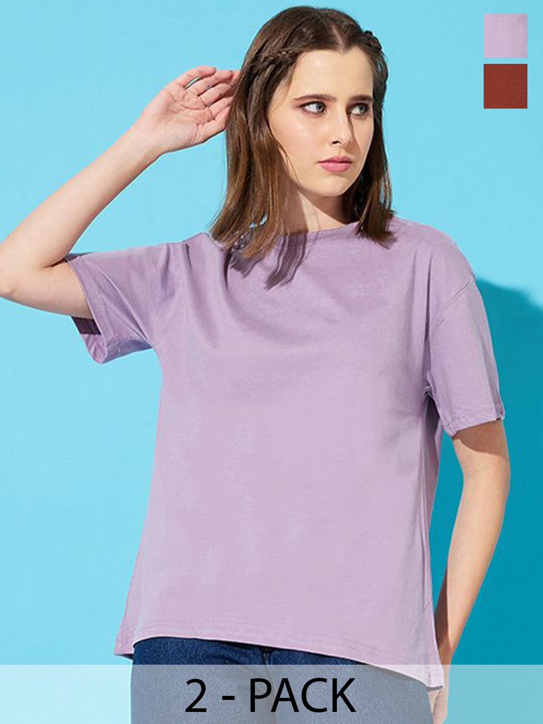 

The Roadster Lifestyle Co. Women Pack Of 2 Solid Round Neck Cotton Relaxed Fit T-shirts, Lavender